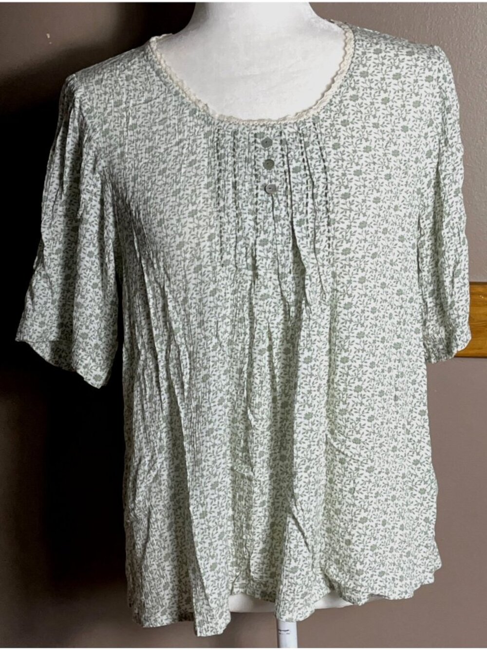April Cornell Top Sage Micro Floral Cottagecore Prairie Peasant Dainty Wom XS - Picture 1 of 8